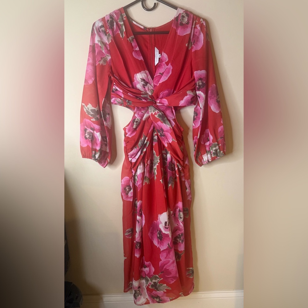 Ranna Gill by Anthropologie Floral Cut-Out Red and Pink Maxi Dress